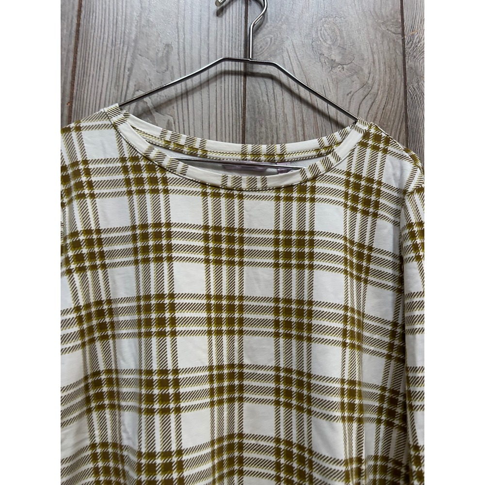 AnyBody Womens Large Plaid Long Sleeve Crew Neck Top Olive Green Cream Cotton - Picture 7 of 7
